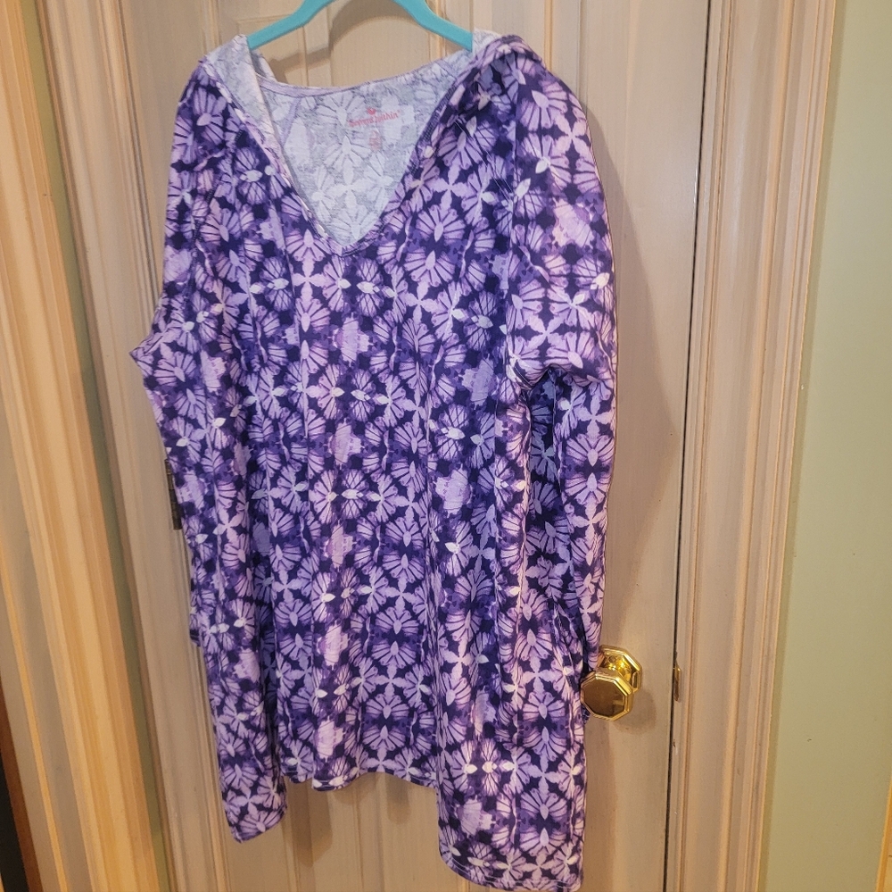 Womens Plus Sz 22/24 Woman Within Purple White Hooded Shirt Patterned